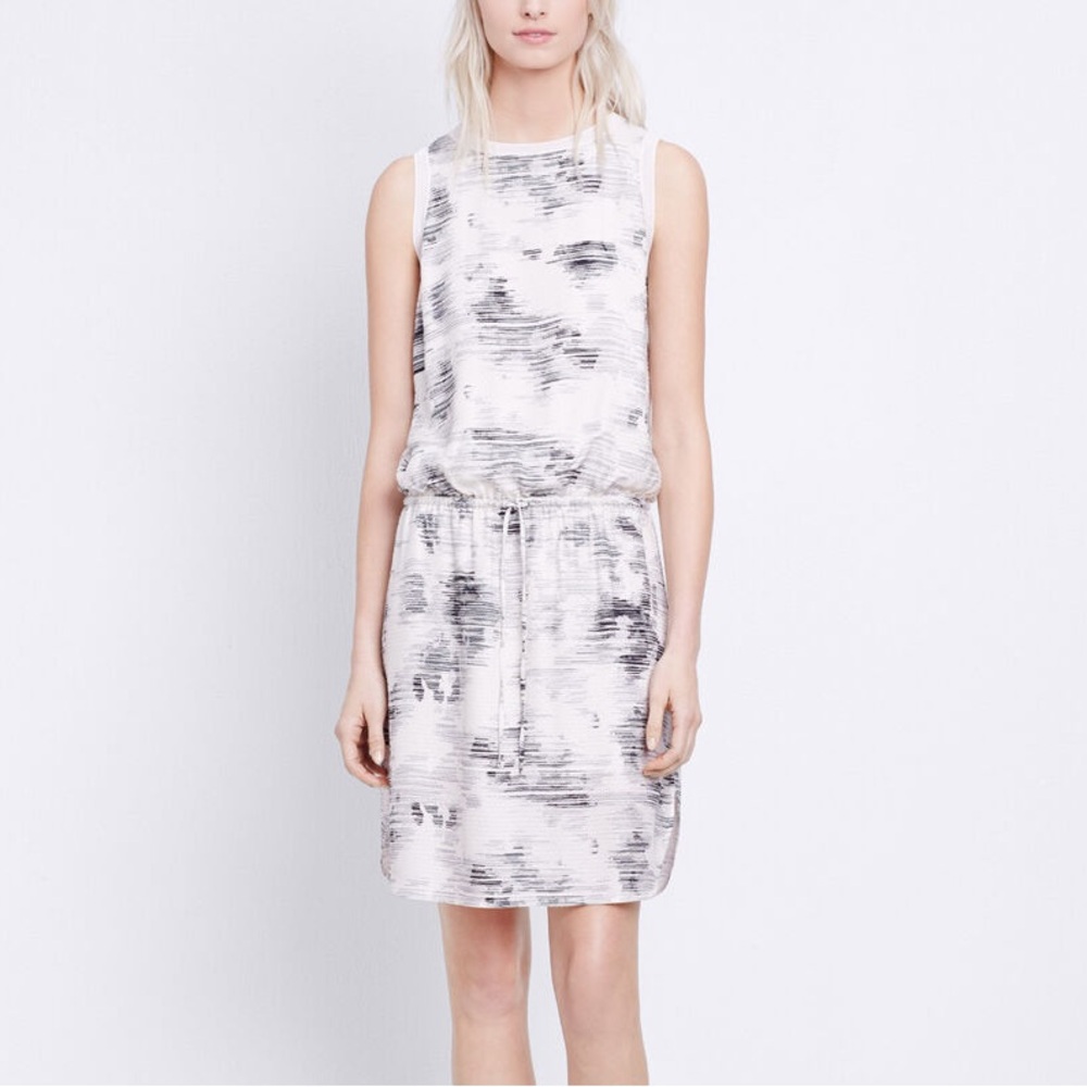 Vince White Casual Silk Tank Dress Blouson Marble Tie Waist Sporty Minimalist